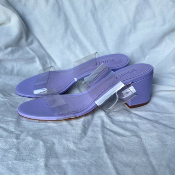 Schutz Size 8 Purple Transparent Victorie Low Block Sandal Formal Prom Rush New - Picture 8 of 8